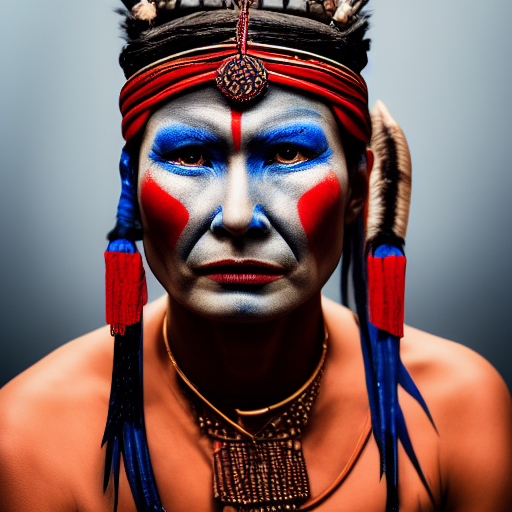 Bridget Moynahan portrait photo of a asia old warrior chief, tribal panther make up, blue on red, side profile, looking away, serious eyes, 50mm portrait photography, hard rim lighting