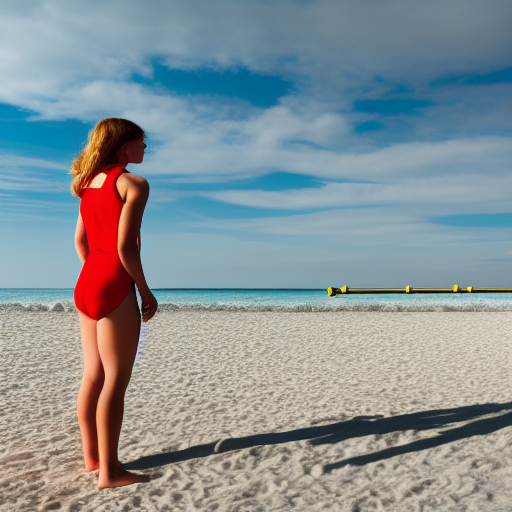 beach lifeguard girl standing, cinematic, photo, 8k, highly detailed