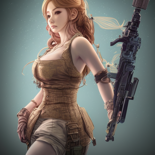 the portrait of lawful neutral semi - colorful female gunner socialite as absurdly beautiful, gorgeous, elegant, young gravure idol, an ultrafine hyperdetailed illustration by kim jung gi, irakli nadar, intricate linework, bright colors, octopath traveler, final fantasy, unreal engine 5 highly rendered, global illumination, radiant light, detailed and intricate environment