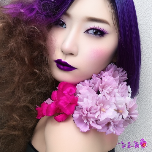 fada japonesa sexy com nariz delicado, labios grande cabelo cinza e roxo com bolinhas magicas e particulas, maquiagem com delineado sombra roxa com petalas de flores ao redor em uma floresta