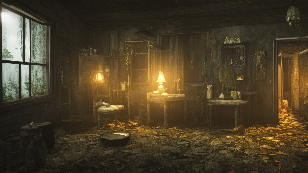 A witch in the shadows of a dark decrepit cottage at night, highly detailed interior, hyperrealistic, Lumion render, 8k UHD