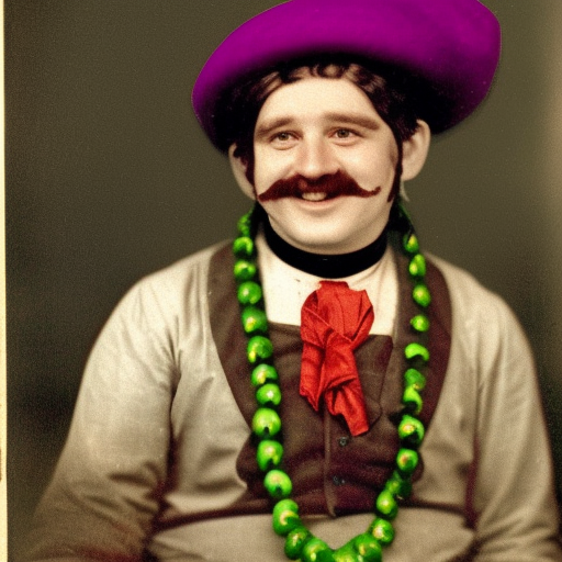  merchant, big cheeks, mischievous smile, bulging eyes, red long hair, green bowler hat, tribal necklace, purple clothing, white shirt, late 19th century, color photo, no beard or mustache, 50 years old