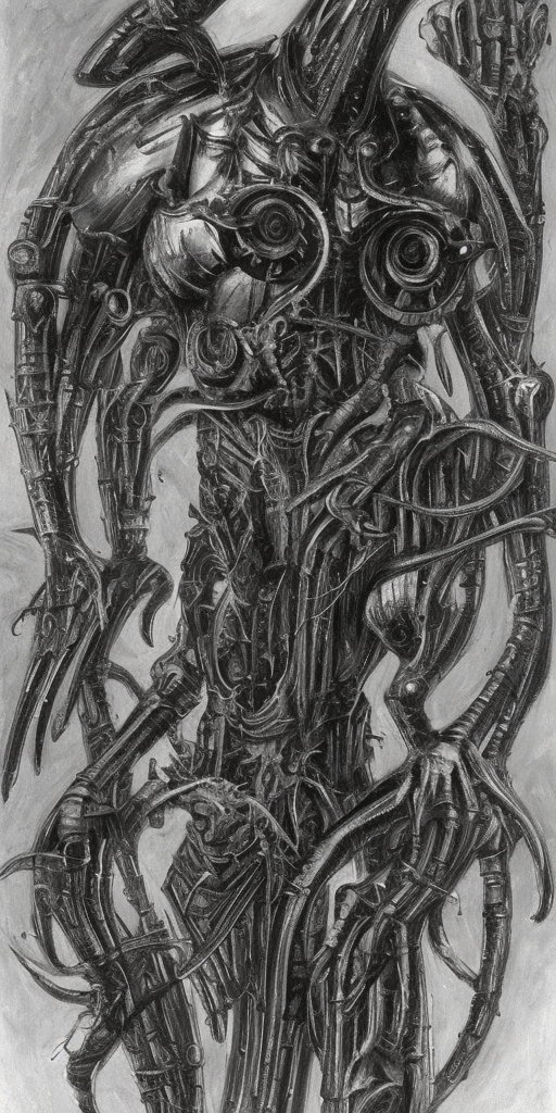 a H.R. Giger of First thought: Zerberus, he could be a good dog, a dog that is sometimes a bit much, but a good dog, that's what he could be. Second thought: Damn tank, damn sword, damn culture of war - all the damn stuff that forces me to run around fully armored. Third thought: ZERRRRBERUS, he's one of us, like me, one of those guys who was handed a sword without being asked. Gap in thoughts: Panting Fourth thought: OOOO ZERRREBERUSSS, Hades, he's really just like us, he just acts tough and strong on the outside. Gap in thoughts: Panting, panting Fifth thought: Let's be honest: He doesn't really act like that anymore, he lets others act, he uses us as figures who play his strength and size without him having to show himself. Sixth thought: Oh Zerberus, the life of another, that's what our lives have in common. Oh Zerberus, dog, you are doomed to live in the world of another because of your nature. Dogs don't have their own cultural problems, they just carry the ones that are attached to them. Gap in thoughts: Stop briefly, pant twice and then keep running.