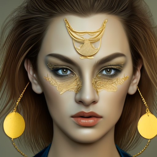 Portrait of @evea_helling_ , highly detailed and rendered gold jewelry, digital art, intricate, sharp focus, trending on Artstation, HQ, Unreal Engine 5, 4K UHD image, by Brom, Artgerm, face by Otto Schmidt Ukiyo-e Japanese woodblock oil painting on canvas