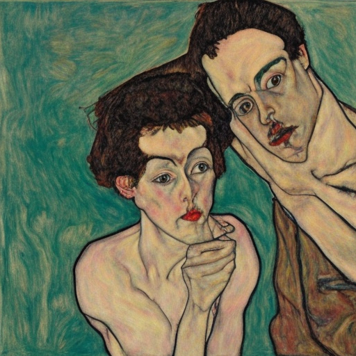 Two people talking in the style of egon schiele