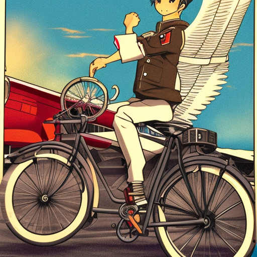 anime illustration of an express delivery driver during world war 2, riding a bicycle with plane wings and a rotary engine