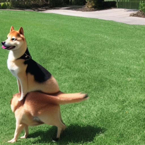 a Call duck standing on a Shiba Inu's back