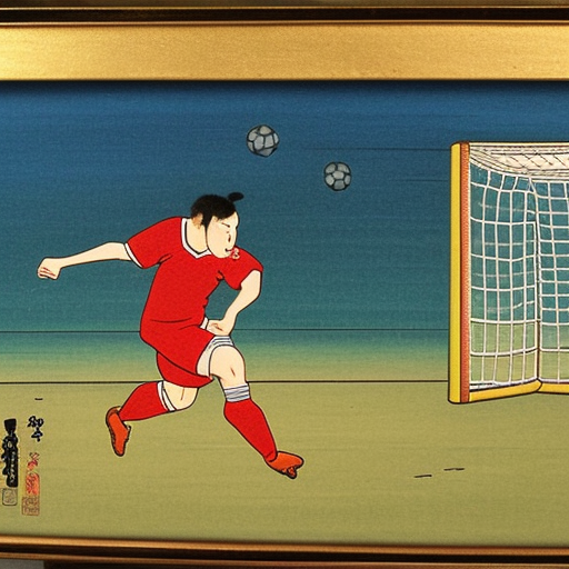 soccer player scoring a goal oil painting on canvas Ukiyo-e Japanese woodblock