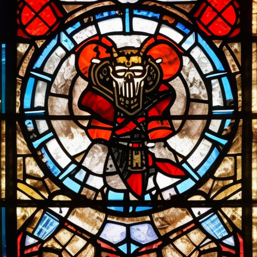 dark medieval, duel of evil gladiator and good gladiator, Warhammer fantasy, intricate stained glass, black and red, gold and blue, grim-dark, gritty