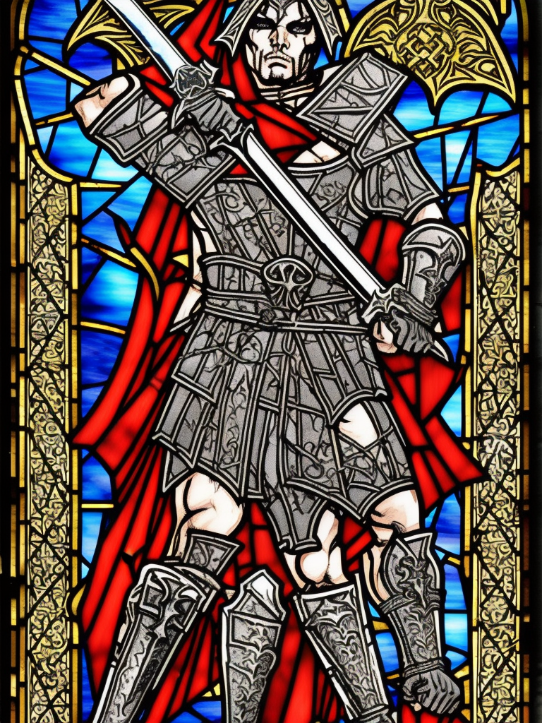 dark medieval, young evil satanic gladiator holds a sword, Warhammer fantasy, intricate stained glass, black and red, gold and blue, grim-dark, detailed, gritty