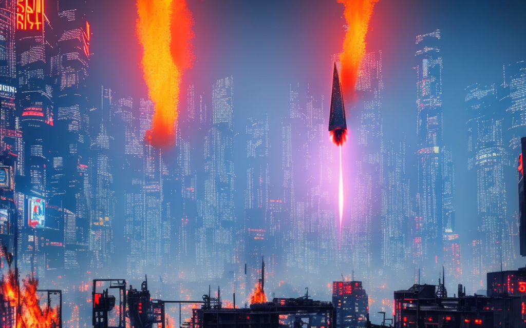 large battle robot firing missiles into blade runner tower city on fire and exploding, neon japanese billboards, blue sky

