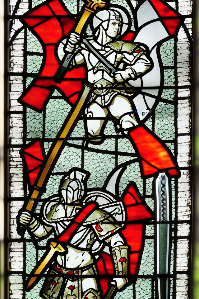 medieval stained glass, a young aggressive evil gladiator holding a big demonic sword, Warhammer fantasy, Diablo, black and red, grim-dark, detailed
