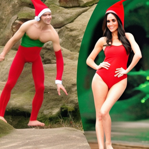 hyperdetailed full length photograph by disney of megan markle dressed as a sexy christmas elf in a bikni