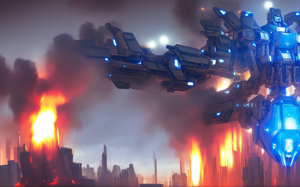 very realistic large battle mech firing missiles, inside tall futuristic city, second mech exploding and on fire with blue panels  

