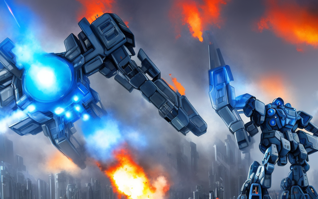 very realistic large battle mech firing missiles, inside tall futuristic city, second mech exploding and on fire with blue panels  

