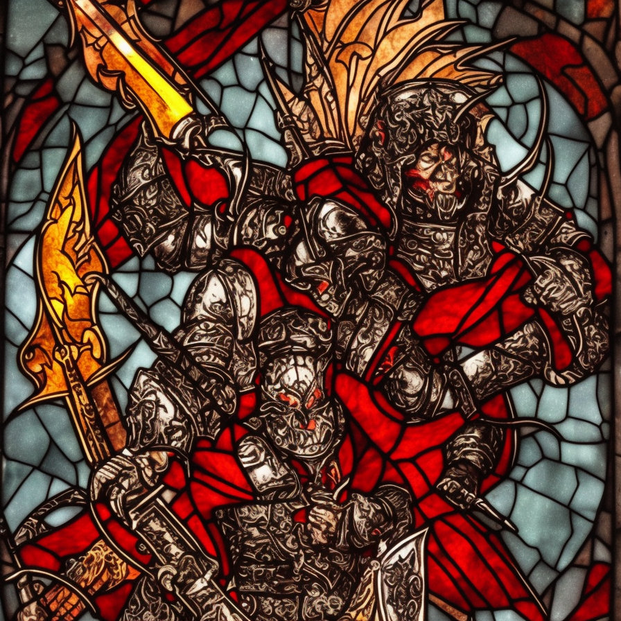 stained glass, a young aggressive evil satanic gladiator with a big demonic sword, hellfire on a background, Warhammer fantasy, black and red, grim-dark, detailed