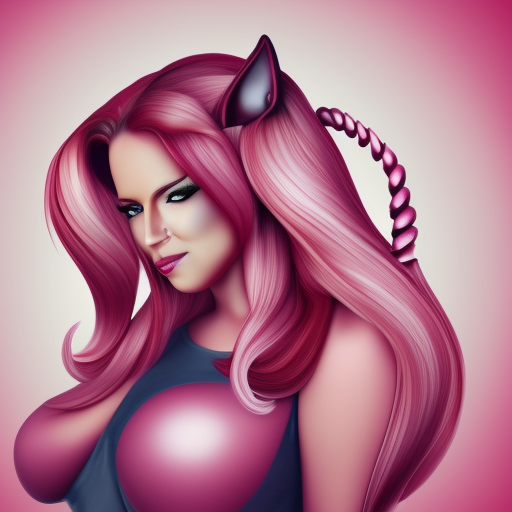 curvy portrait of an anthropomorphic cat woman, with long pink hair, 3d, high detail, cute