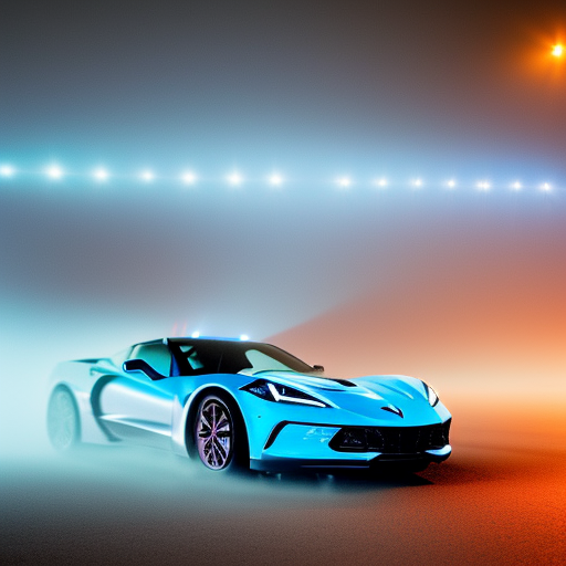 dutch angle photo silhouette of a 2022 C8 Corvette coupe rapid blue color with the car lights piercing the dense fog, low light, dark mode, city street, close up, photo realistic, 4k