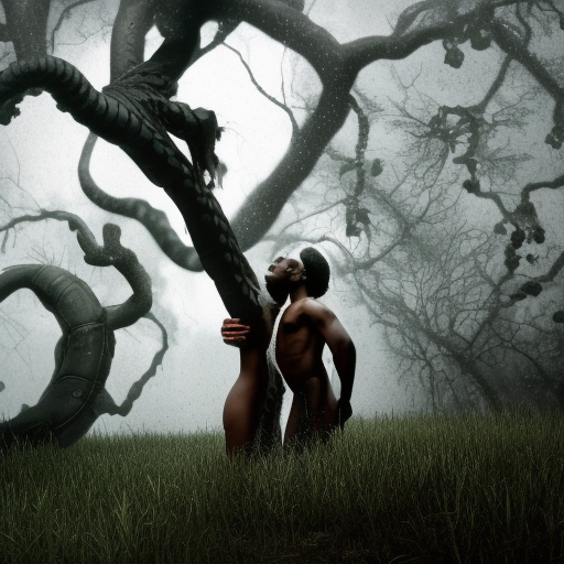 african american adam and eve , serpent , drak clouds , defined features, Perfect cinematic lighting, Unreal Engine 5, Cinematic, Color correction, Editorial photography, Photography, Photo shoot, Shot on a 70 mm lens, depth of field, DOF, Tilt blur, shutter speed 1/1000, F/22, White Balance, 32k, Super Resolution, Megapixel, ProPhoto RGB, VR, tall, epic, artgerm, Alex Ross style