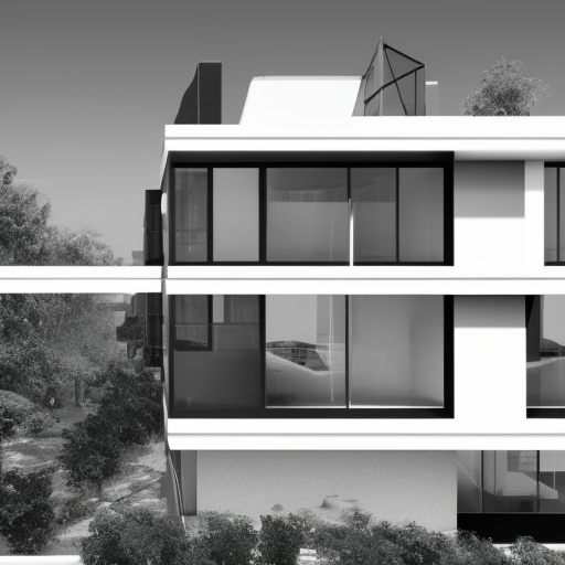  black and white pencil illustration high quality, architecture project with two floors, futuristic architecture, Le Corbusier, glass windows on the top, bottom with balcony and wooden doors with glass, garage, garden, sloping ceiling, walls painted yellow, solar panels ,