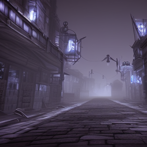 a dark and empty street of a clockwork city at night, dim blue lighting