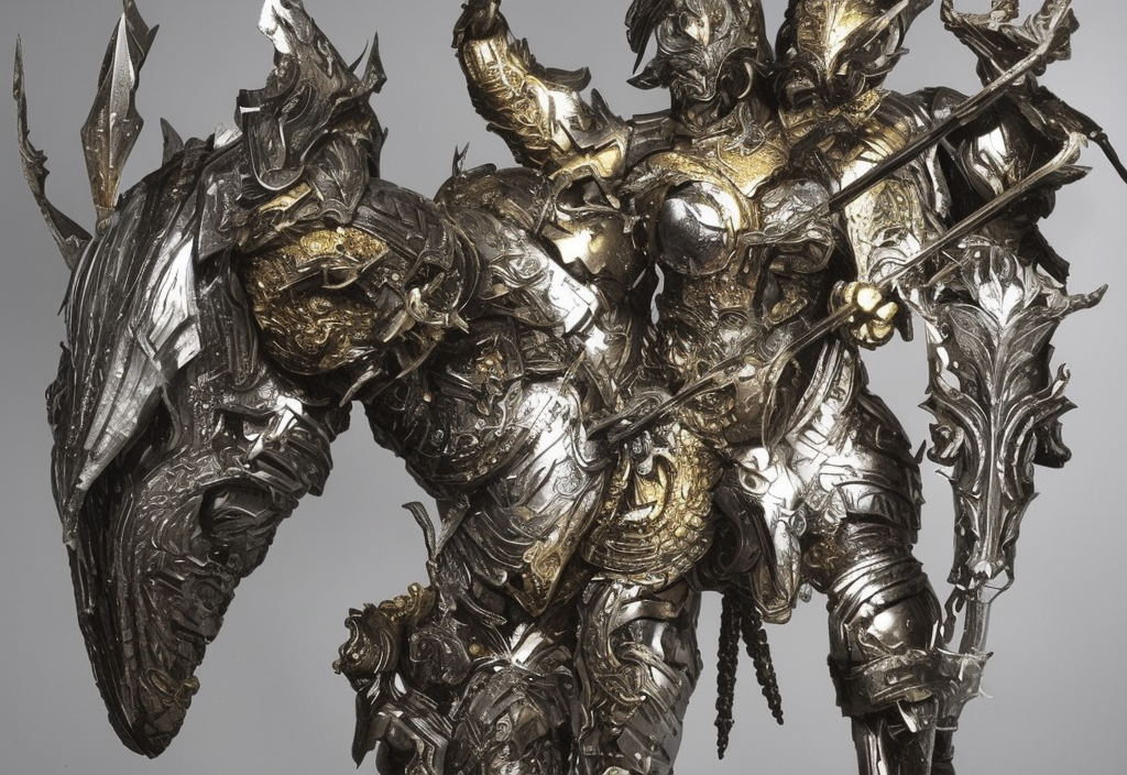  A character design sculpture of a fierce warrior, with intricate armor and weapons that capture the spirit of the fantasy genre. The lighting is intense and dramatic, with a bright spotlight illuminating the figure and creating deep shadows that add to the sense of power and danger. The color palette is bold and metallic, with rich shades of silver and gold that add to the warrior's regal bearing. Super-Resolution, Megapixel, intricate details, ultra high details, no text, UDH, 14k, HD --v 4 --ar 16:9
