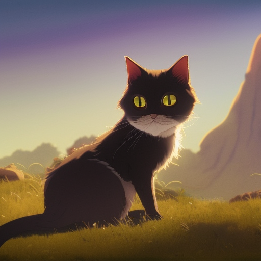 a highly detailed matte painting of a cat on a hill watching eclipse of moon in the distance by studio ghibli, makoto shinkai, by artgerm, by wlop, by greg rutkowski, volumetric lighting, octane render, 8 k resolution, trending on artstation, masterpiece