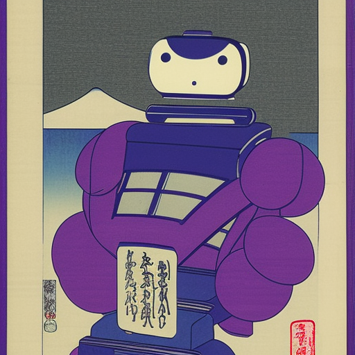 A violet robot with big eye traveling space around floating computers Ukiyo-e Japanese woodblock%>