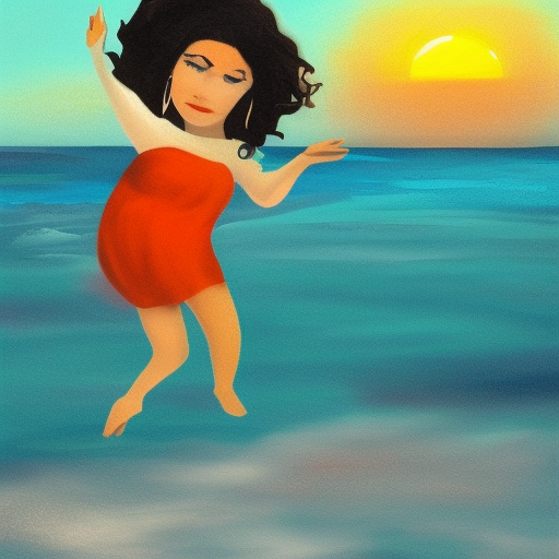 laura pergolizzi andando sobre el mar ,con cielo puesta de sol ,estilo ilustracion