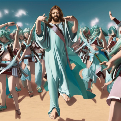 jesus christ leading an army of hatsune miku into battle, photorealistic, anime, mini skirt, long hair, renaissance painting, hyper real, detailed, wide angle shot, ultra detailed