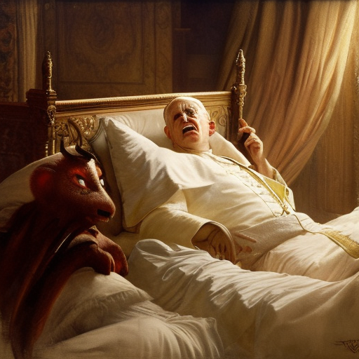 the pope is in his bed, nervous and terrified, because a double horned shadow demon from hell lingers across the bed. highly detailed painting by gaston bussiere, j. c. leyendecker, greg rutkowski, craig mullins 8 k