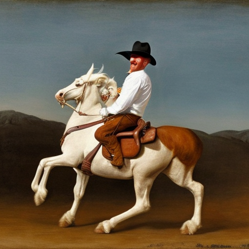 bald, albino cowboy with evil smile on horseback Western painting