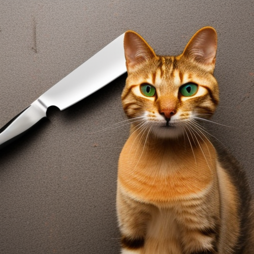 a house cat sitting on the tip of a dirty kitchen knife