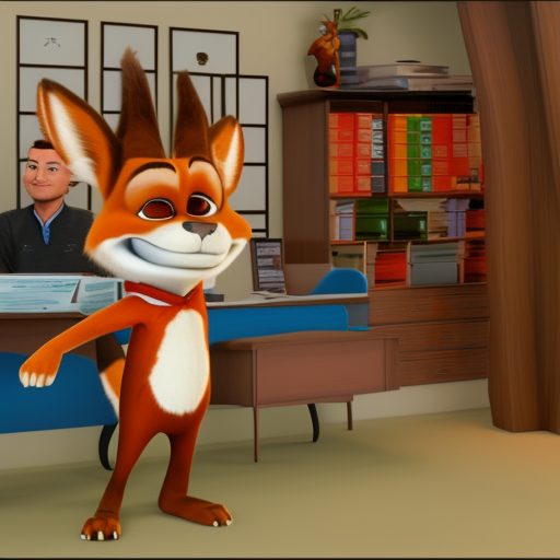 /image_gen a Nick Wilde with russian t-short in front office of the Dubai and sunset photorealistic