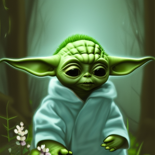 baby yoda surrounded by teal luminous flowers, in forest, at night, warm lighting, digital art, trending on artstation, HDR