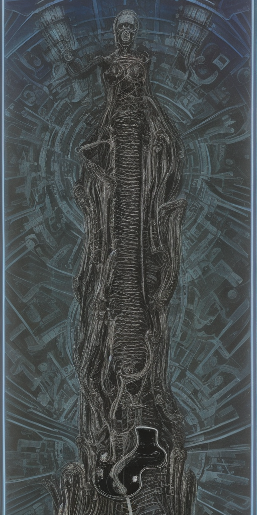 a H.R. Giger in the center of which is a volume control labeled from 1 to 11, as it is typically found in guitar amplifiers. He stands, but not quite on 11. The background is a dark blue floral pattern.