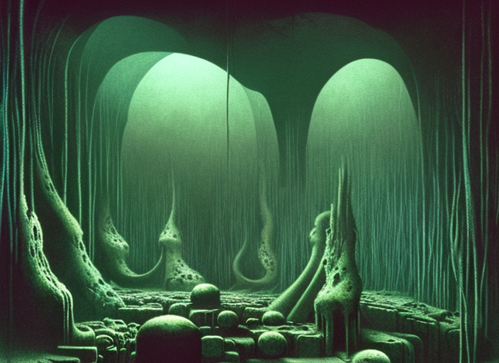 metroid torizo dark scifi cave, overgrown, ruins, dark, spectral, cavern, light shafts, moist, damp, enigmatic atmosphere in the style of zdzisław beksinski and ( ( ( ( ( ( giger ) ) ) ) ) )