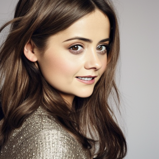 Jenna Coleman photoshoot magazine cover ultrarealistic photorealistic beautiful big eyes wavy brunette hair smiling dimples studio lighting the most beautiful face cute