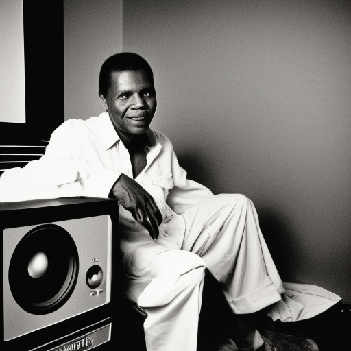 Sidney Poitier, wearing white button down shirt, sitting next to a stereo in the apartment from the Shaft movie, vintage color polaroid, by Andy Warhol—v 4 ultra-realistic portrait cinematic lighting 80mm lens, 8k, photography bokeh
