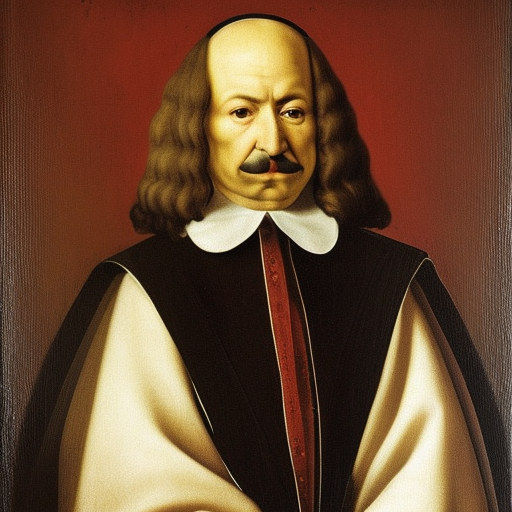 A Spanish cardinal, 45 years old, hasburg family, prominent jaw, white, Catholic church, thin, aguilean nose, mustache with knob, hair streaked by the ears, deep look, 1649, cardinal's red clothes oil painting on canvas