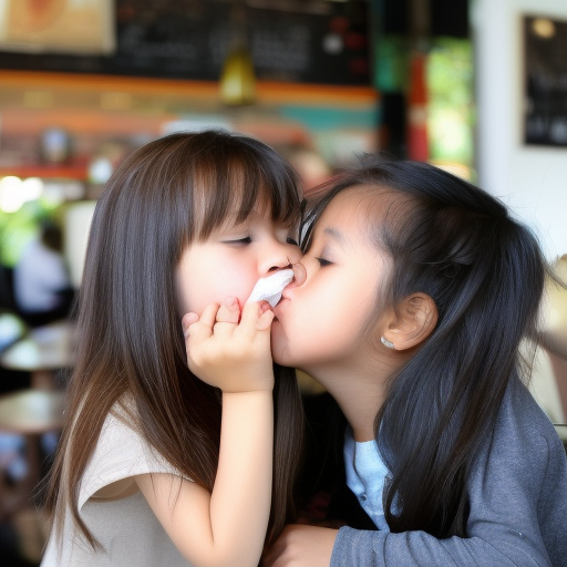 two niece malaysia girl kissing in cafe 