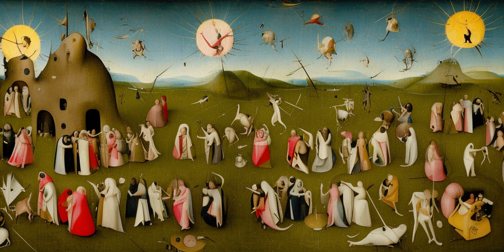 people dancing in a heavenly landscape, hieronymus bosch style 