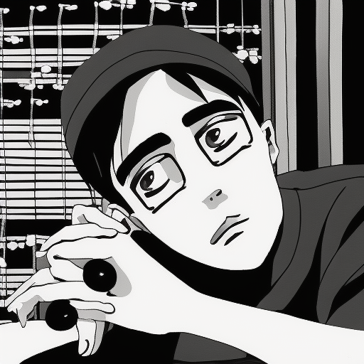 depressed boy in the music studio in anime black and white style