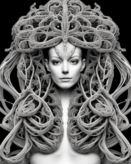 a black and white high quality photo of a young beautiful female queen-vegetal-dragon-cyborg bust with a very long neck and Mandelbrot fractal face, Mandelbrot fractal skin, flesh, anatomical, facial muscles, veins, arteries, elegant, highly detailed, flesh highly baroque ornate, hair are wired cables, elegant, high fashion, rim light, octane render, in the style of Diane Arbus, Realistic, Refined, Digital Art, Highly Detailed, Cinematic Lighting, rim light, black and white, photo-realistic, 8K