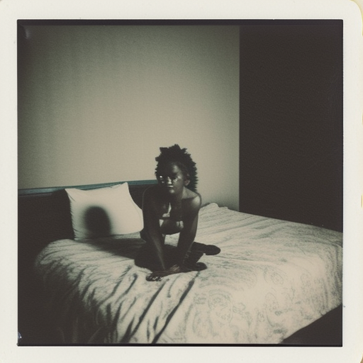 A polaroid photo of an African American woman leaning forward, sitting on a bed in a run down motel room, style 1995