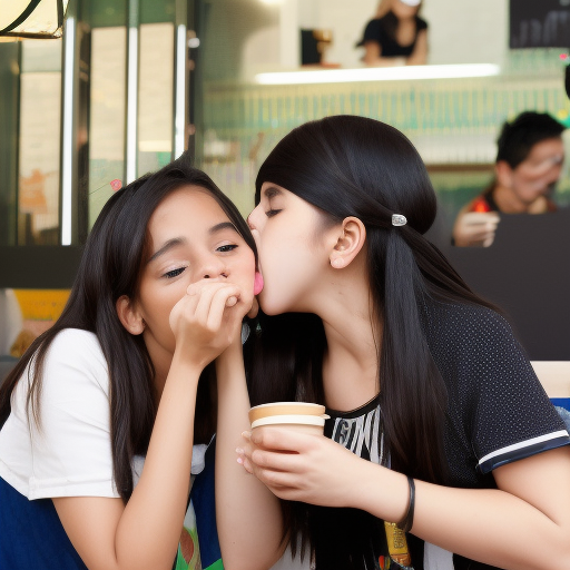 two preteens idol melayu girl kissing at Cafe 