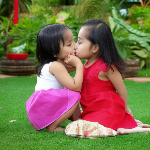 two Little melayu girl kissing at garden 