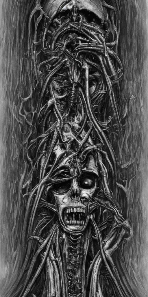 a H.R. Giger of "Back From The Dead" Give me reincarnation Or give me death We're back from the dead Climbing from the coffin We don't come here often Or so it is said We're back from the grave Recovered from our coma More body than aroma It's life that we crave 
