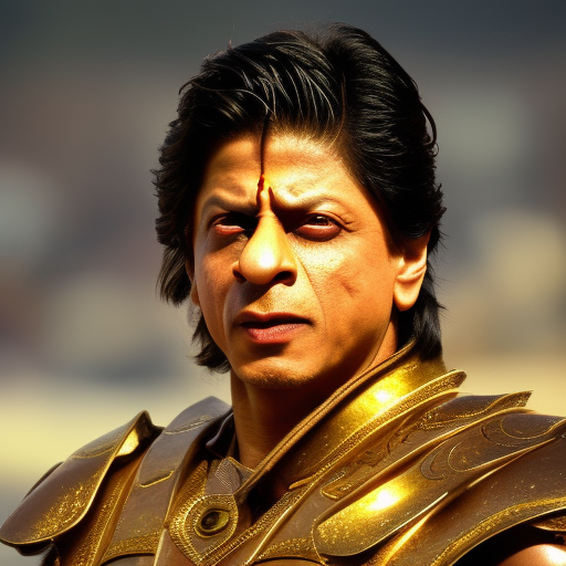 shahrukh khan in warrior costume in golden hour with golden background, close face