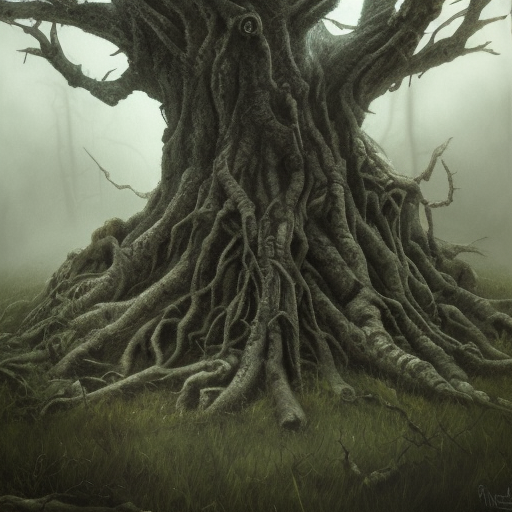 dark medieval, gnarled tree with offerings, bare roots, Warhammer fantasy, summer, trees, misty, overcast, Dark, creepy, grim-dark, gritty, Yuri Hill, hyperdetailed, realistic, illustration, high definition, 4K, oil on canvas